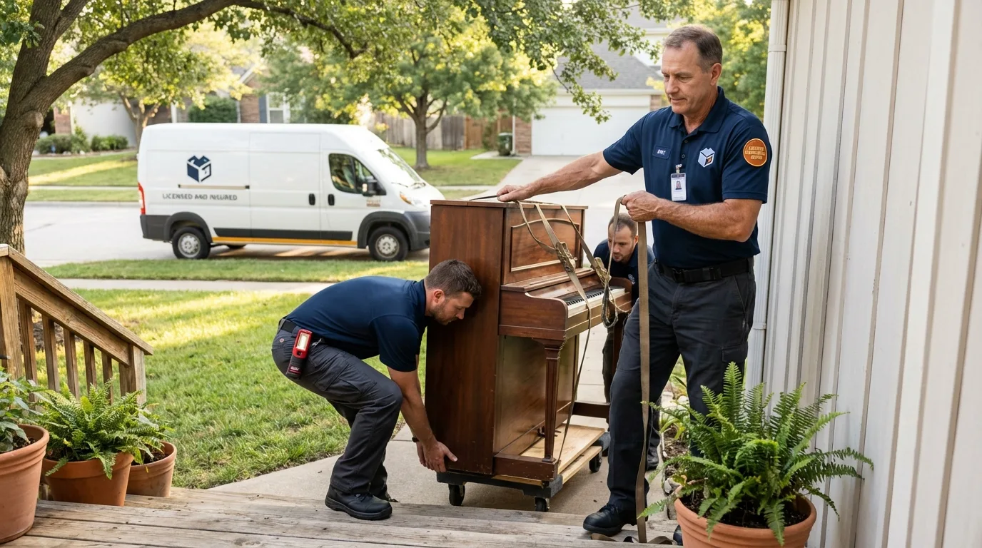 Licensed piano movers securing grand piano in Saint Marys, OH
