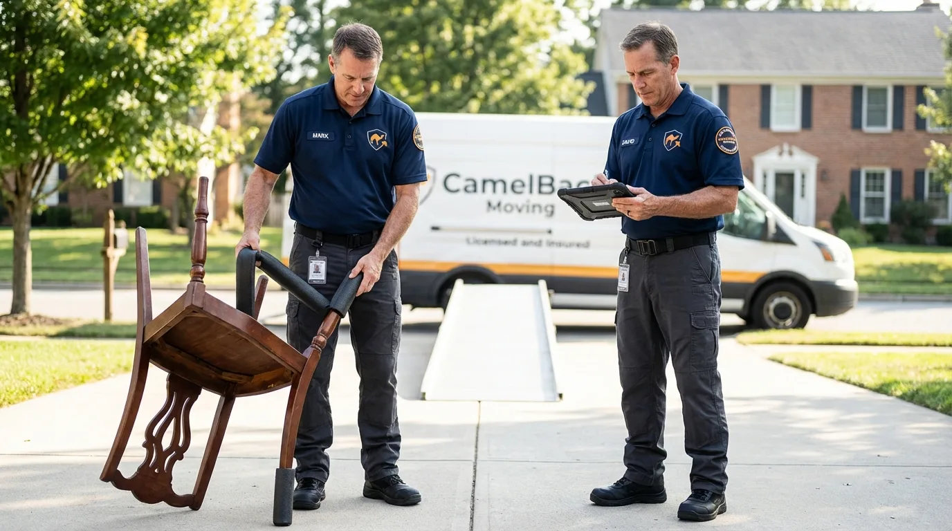 Movers inspecting furniture for damage prevention before loading in Saint Marys, OH