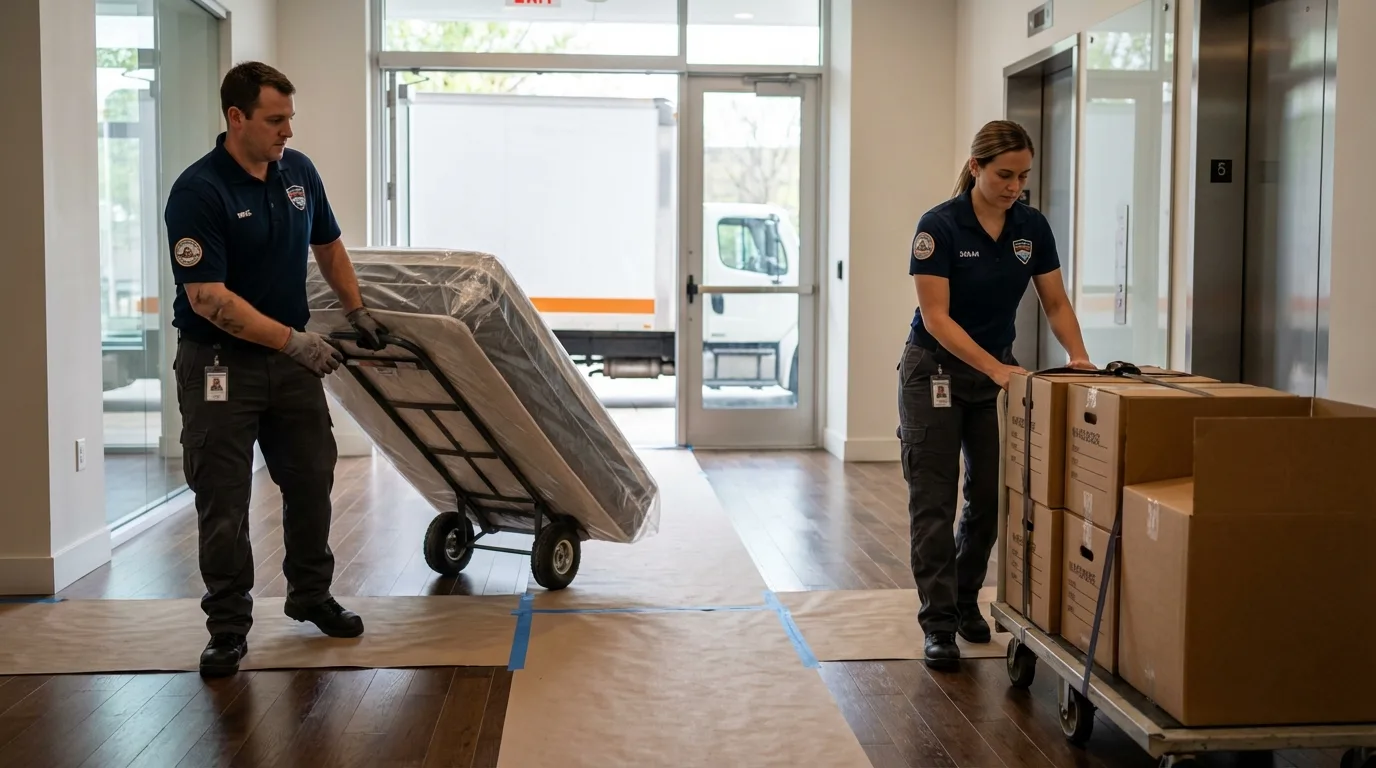 Professional apartment movers loading elevator in Saint Marys, OH