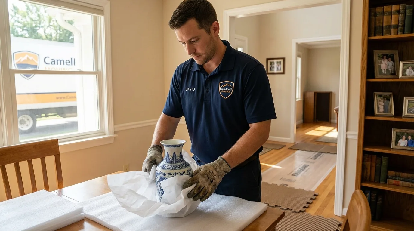 Professional crew carefully wrapping antique vase for senior downsizing move in Saint Marys, OH